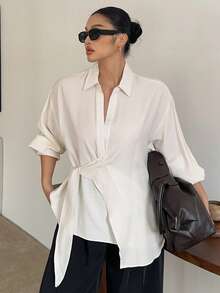 Dazy Plus 大码女式白色长袖衬衫，翻领，半开襟，抽绳下摆，春秋季 - 白色 - 查看 6