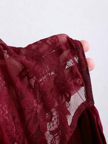 Sweetra 优雅露肩天鹅绒与撞色蕾丝不对称腰线褶皱复古红色女式圣诞派对连衣裙 - 酒紅色 - 查看 5