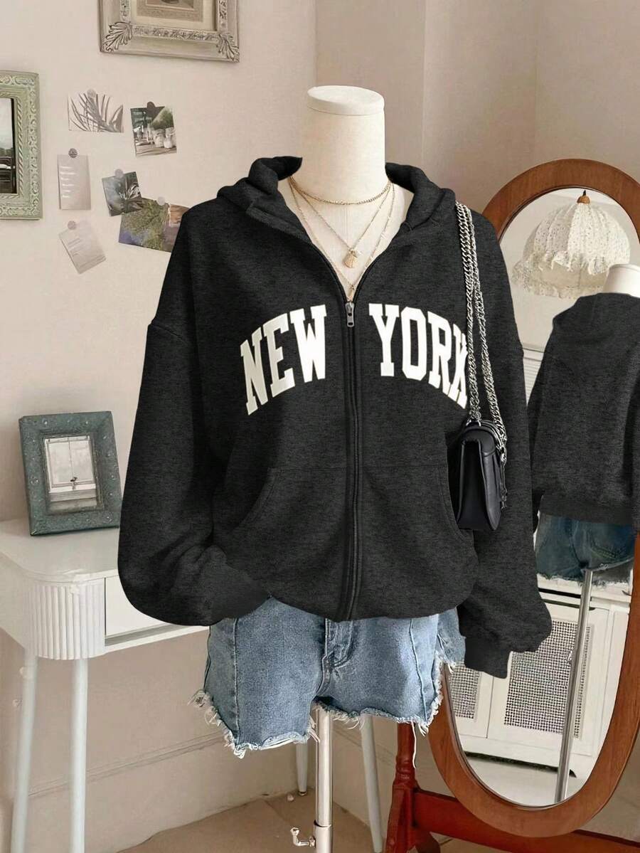 Lalippa Áo sweatshirt nữ tay dài, in chữ, kiểu dáng rộng rãi, vai rớt, khóa kéo phía trước, thích hợp cho mùa Thu/Đông. - Màu xám đen - Xem 1
