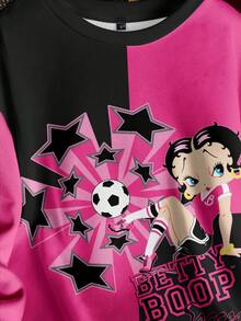 Betty Boop x SHEIN Women's Casual Colorblock Cartoon Pattern Round Neck Drop Shoulder Oversize Sweatshirt, Autumn