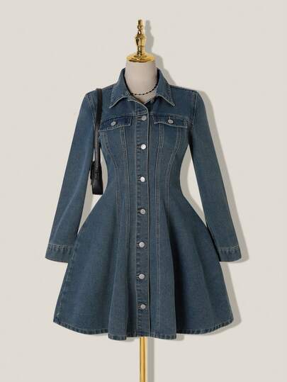 SHEIN MOD Vestido vaquero de manga larga y abotonadura sencilla, informal, para mujer, otoño