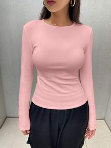 FRIFUL Áo thun nữ tay dài dáng ôm cổ tròn màu trơn chất liệu len Raglan ấm áp - Hồng - Xem 4