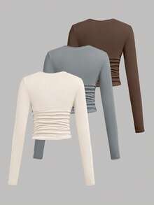 SHEIN Girlism 3件套少女纯色圆领褶皱长袖T恤紧身衣3件装青少年紧身长袖上衣紧身衣 - 彩色 - 查看 2