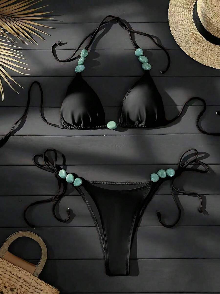 Swim Vcay 女士夏季沙滩系带吊带玉石纹绿色图案装饰比基尼套装，适合沙滩、泳池、休闲派对、假日等场合，春夏款 - 黑色 - 查看 1