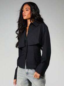 MISSGUIDED Double Layer Button Front Collared Long Sleeve Blouse With Overlay Cape Detail - Black - View 5
