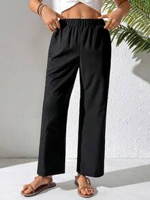 SHEIN LUNE 女款純色簡約日常長褲 - 黑色 - 查看 4