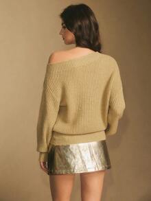 Poéselle Women's Sparkly Asymmetrical Shoulder Chunky Knit Sweater – Slouchy Glitter Pullover For Cozy Holiday, Cozy Holiday Slouchy Jumper, Loose Fit Long Sleeve Sweater, Autumn/Winter Christmas New Year Party Sweater - Gold - View 7