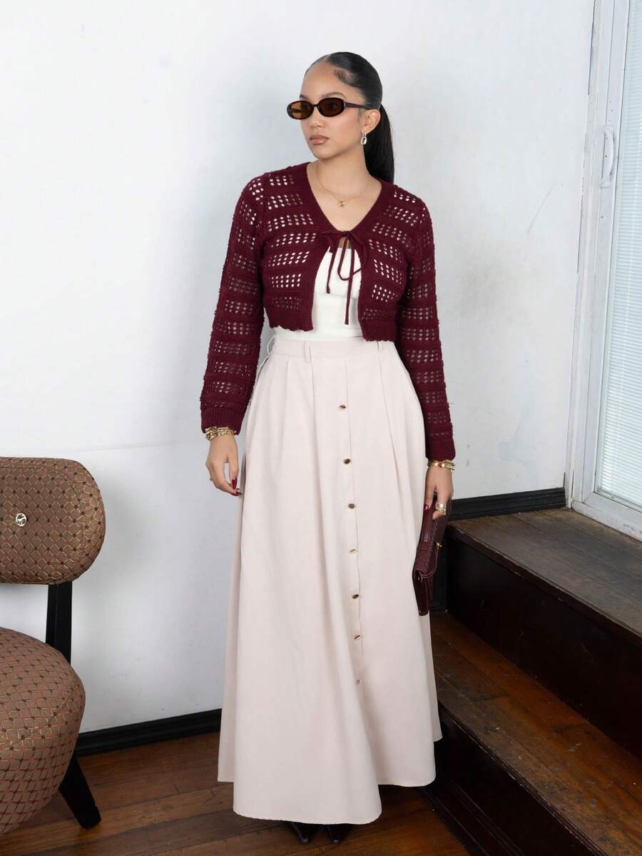 Melissa Matos Saia feminina casual francesa, simples, romântica e elegante, saia branca para formatura, roupa de verão - Damasco - Ver 1