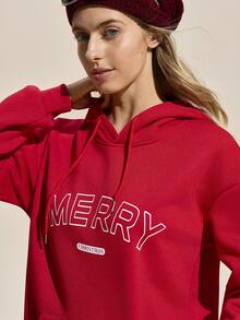 Exploreva Sweat-shirt à capuche femme avec imprimé lettres, manches longues et épaules tombantes, cordon de serrage, pour l'extérieur - Rouge - Voir 2