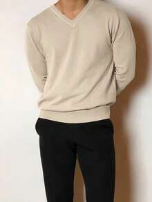 Manfinity Homme Jersey de cuello en V de unicolor, versátil, de manga larga para hombre, para primavera, otoño e invierno - Albaricoque - Ver 2