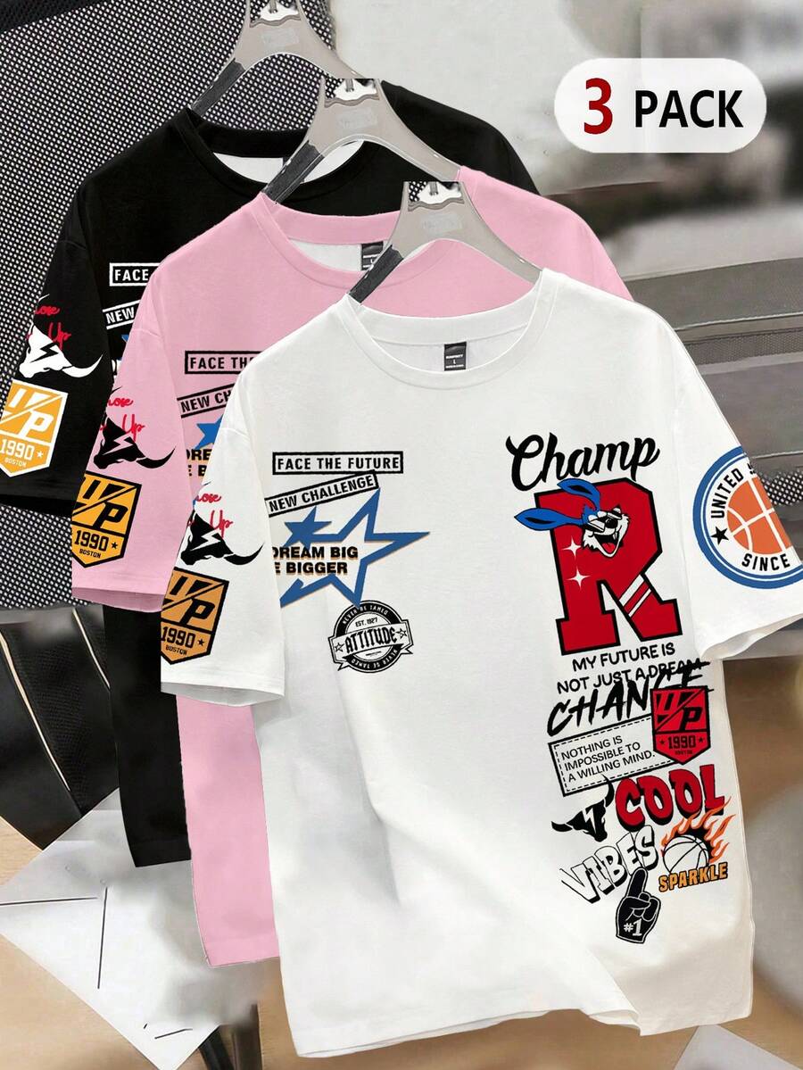 Manfinity Joysei 3件套男士休闲字母图案圆领短袖T恤，夏季 - 彩色 - 查看 1