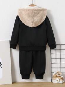 SHEIN Baby Boy Letter Applique Fleece Sweatshirt Track Suit,Black And White,Autumn,Casual,Date Comfortable Fabric Autumn/Winter Outdoor Streetwear Outfit - Multicolor - View 2