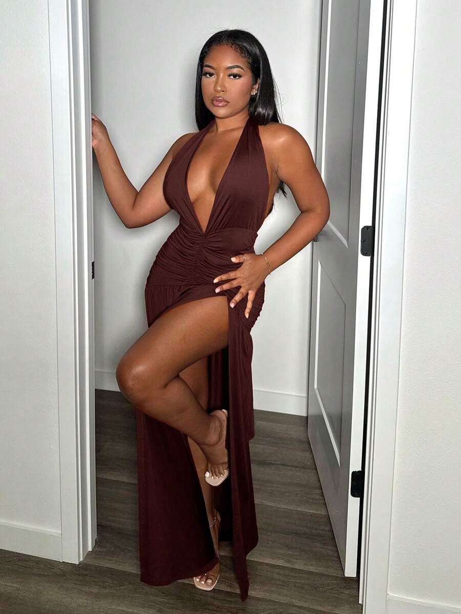 Alexandranx Elegant Romantic Sexy Party Deep V-Neck Halter High Slit A-Line Dress - W,Summer Dresses For Women - Brown - View 1