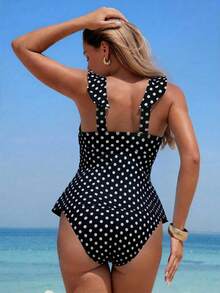 Swim Lushoire 2pcs Polka Dot Print Ruffle Trim Women Camisole & Bikini Set - Black and White - View 2