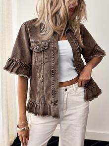 EMERY ROSE Plus Size Casual Washed Denim Jacket With Ruffle Hem - Coffee Brown - View 7