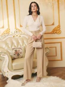 Omancia 女士杏色优雅性感休闲针织 V 领珍珠长袖紧身衣，适合派对、万圣节、圣诞节、新年、感恩节、秋冬