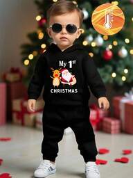 2pcs Baby Boy Christmas Outfit, Reindeer & Santa Claus Letter Print Black Hoodie Sweatshirt + Fleece Pants, Suitable For Christmas, Autumn/Winter