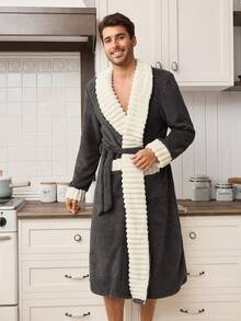 SHEIN Contrast Color Patchwork Cozy Shawl Collar Pocket Design Men's Fluffy Winter Robe - Dark Grey - View 4