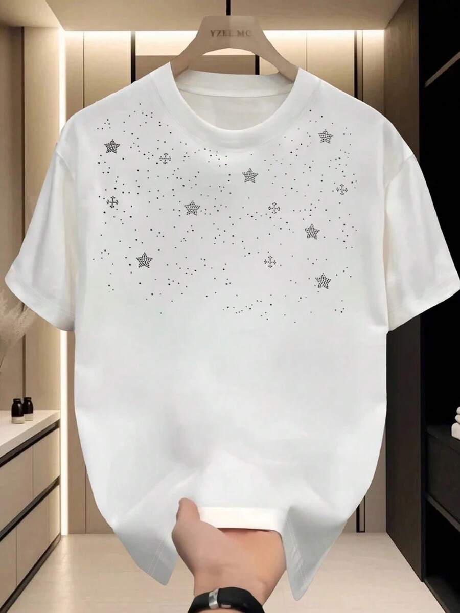 男士星形印花T恤，适合夏季，星形印花款式，当下流行，时尚T恤，美观T恤，送给兄弟姐妹的礼物，送给兄弟的礼物，送给爸爸的礼物，父亲节礼物，休闲简约时尚上衣 - 白色 - 查看 1