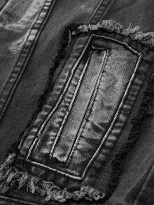Manfinity Denimwave Veste en jean casual à manches longues pour hommes, style rappeur streetwear, unie en denim foncé avec blocs de couleurs, poches boutonnées devant, pour soirée - Noir - Voir 3