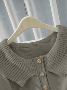 Franclia Button Decor Off Shoulder Solid Color Elegant Long Sleeve Sweater - Dark Grey - View 4