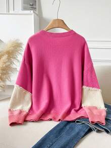 CosyJoli Plus Size Casual Cat Whisker Tassel Color Block Crew Neck Pullover Sweater/Winter - Multicolor - View 3