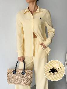 SHEIN Tall 女式新款西部牛仔马标志条纹刺绣宽松衬衫和裤子套装 - 黃色 - 查看 1