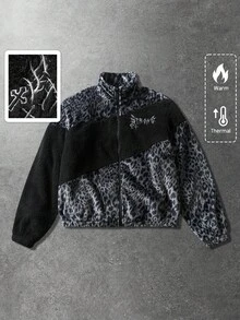 ROMWE MEN Street Life Unisex Leopard Print & English Text Graphic Patchwork Thermal Lined Long Sleeve Jacket, Autumn/Winter - Black - View 3