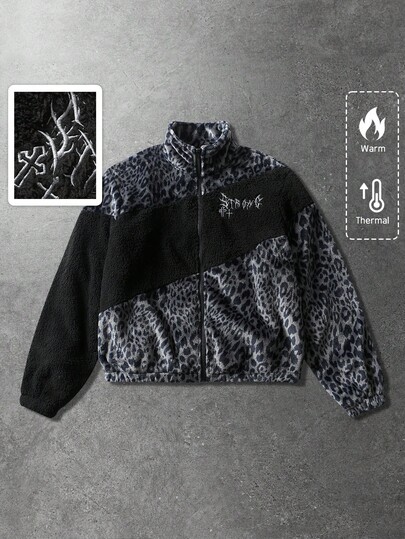 Street Life Unisex Leopard Print & English Text Graphic Patchwork Thermal Lined Jacket, Autumn/Winter