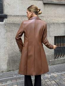 Lavishia Caramel Brown PU Lapel Double-Breasted Cinched Waist Fitted Women Jacket Brown Leather Blazer Women Brown Blazer Women Women Long Blazer Brown Double-Breasted Blazer Leather Blazer Dressy Winter Clothes For Women Christmas New Year Clothes - Brown - View 2