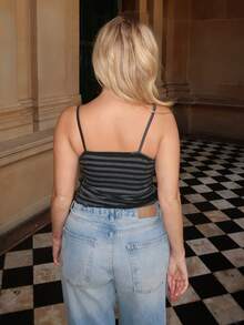 Turnttoni Black & Gray Stripe Lace Trim Camisole Top - Dark Grey - View 2