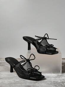 SHUZIA Giày sandal lưới mũi vuông màu đen thời trang cho nữ dự tiệc xuân hè - màu đen - Xem 2