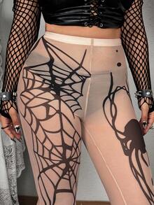 Whyspr Grunge Punk Plus Size Women Spider Print Leggings, Fashionable Punk Style - Black - View 6