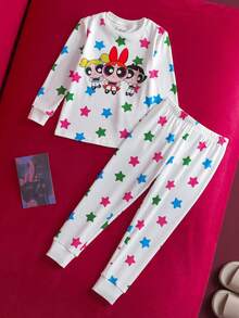 THE POWERPUFF GIRLS X SHEIN 女童卡通星形印花圆领长袖上衣和打底裤睡衣套装 - 白色 - 查看 2