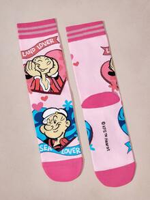 Popeye X SHEIN 2 đôi tất nữ mềm mại, thoáng khí, thấm hút mồ hôi, kiểu dáng thường ngày, dài đến bắp chân, họa tiết hoạt hình dễ thương màu hồng và trắng, mũi và gót được gia cố để tăng độ bền, phù hợp mọi mùa hè và đông, tất in hình, ý tưởng quà tặng. - Nhiều màu - Xem 8