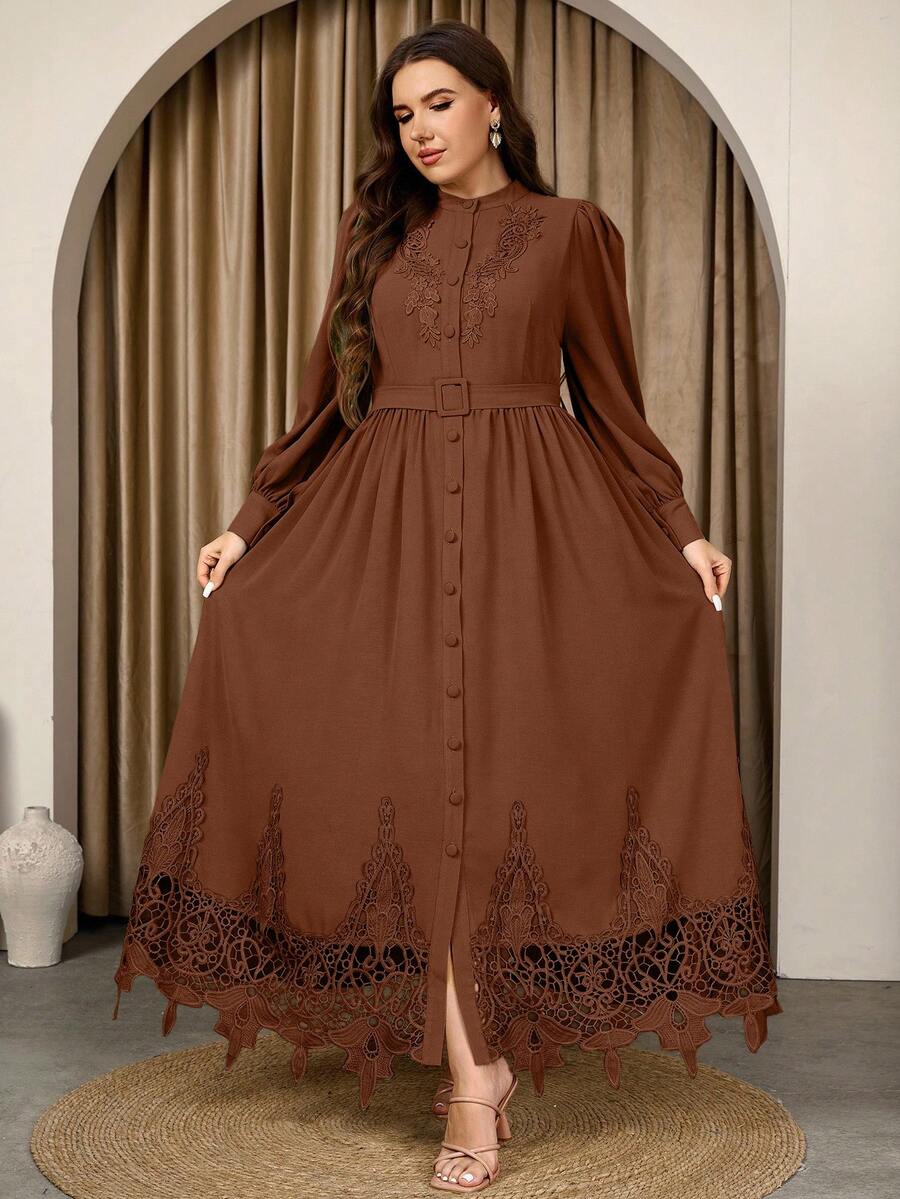 Graceveil Đầm ren dài tay màu trơn cỡ lớn thanh lịch thường ngày - Rỉ Nâu - Xem 1