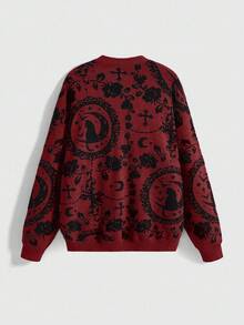 ROMWE Gothic Palace Cat Moon Chain Mysterious Black Cat Full Print Dark Pullover Sweater, Suitable For Halloween - Burgundy - View 2