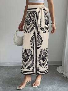 SHEIN PETITE 女士印花裹身系腰半身裙，适合春夏度假穿着