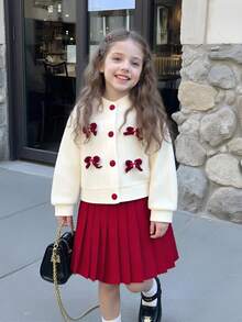 Elladie kids 女童可爱休闲日常针织开衫外套，搭配装饰配饰，搭配红色半身裙，秋冬季开学季两件套。华夫格纹理，宽松舒适设计，适合春秋季节、日常通勤、户外玩耍和社交活动。 - 彩色 - 查看 6