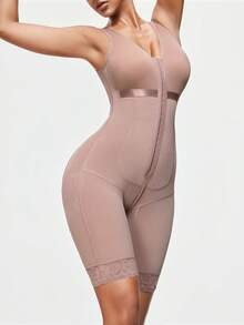 SHAPORA 1pc Women's Solid Color Front Button Closure Bodysuit, Fashionable Sleeveless Shapewear - Dusty Pink - View 4