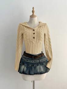 Elamini كنزة صوفية كاجوال قابلة للاستخدام متعددة الأغراض بتصميم ملفوف مزودة بسحاب نصفي - كاكي - مشاهدة 4