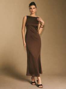 Poéselle 女士优雅露背无袖连衣裙，适合派对穿着 - 棕色 - 查看 4