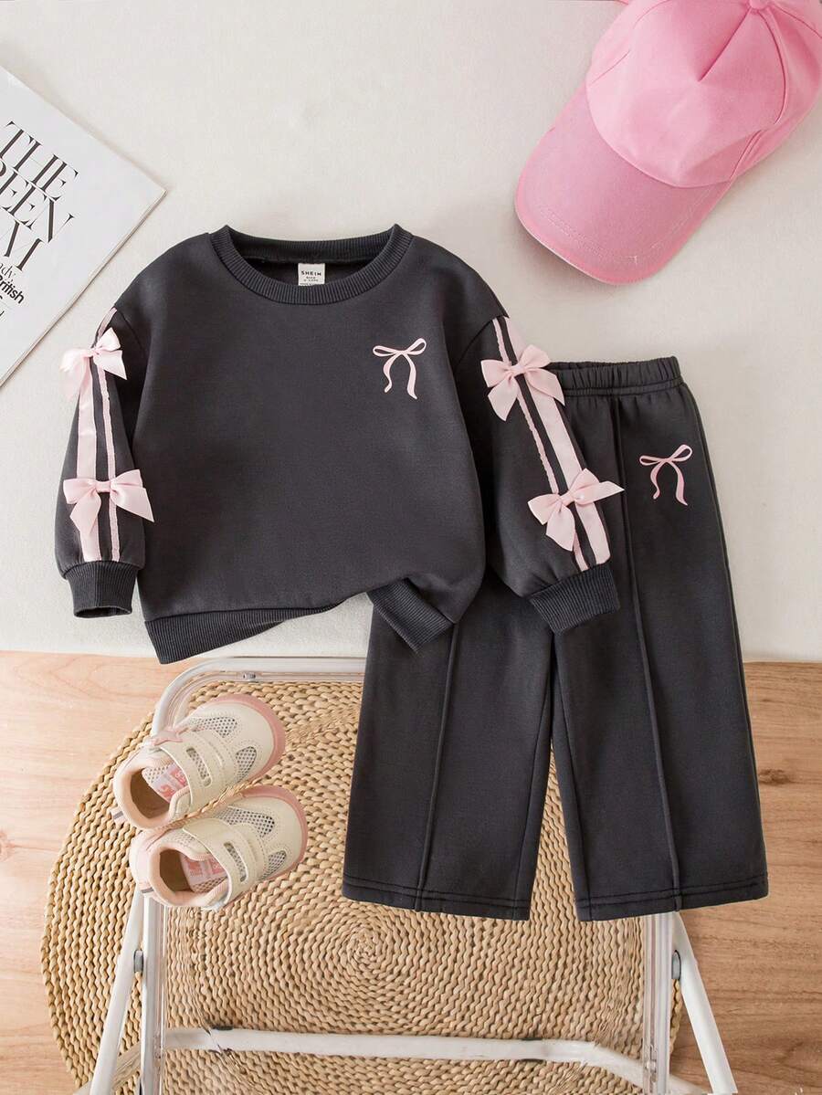 SHEIN 女婴可爱灰色蝴蝶结高领长袖卫衣长裤套装，秋冬款 - 灰色 - 查看 1