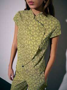 Nöista Two Pieces Coordinated Set Featuring A Short-Sleeve Top And Wide-Leg Pants With Geometric Pattern Detailed Chinese Buttons, Offering An Elegant - Olive Green - View 5