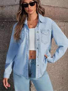 Selenza Flap Pocket Curved Hem Denim Blouse - Light Wash - View 3