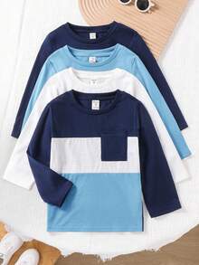 SHEIN Bộ 4 áo thun dài tay cổ tròn màu trơn và tương phản cho trẻ em, thoải mái và đa năng, thích hợp mặc ngoài trời, trong nhà, trường học, tiệc tùng, Giáng sinh, năm mới, xuân/hè/thu/đông - Màu xanh lam - Xem 4