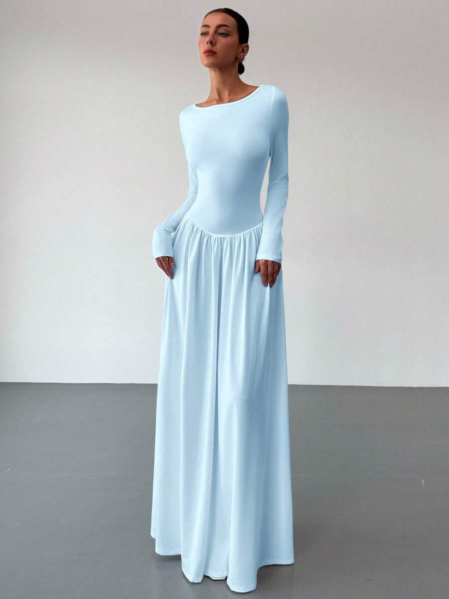 Aloruh New Sexy Scoop Neck Long Sleeve Blue Dress, Versatile & Slimming, Suitable For Autumn/Winter - Blue - View 1