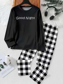 SHEIN Tween Boy Casual Loose Long Sleepwear, Classic Plaid Pattern Print, "Good Night" Text Graphic Print - Multicolor - View 1