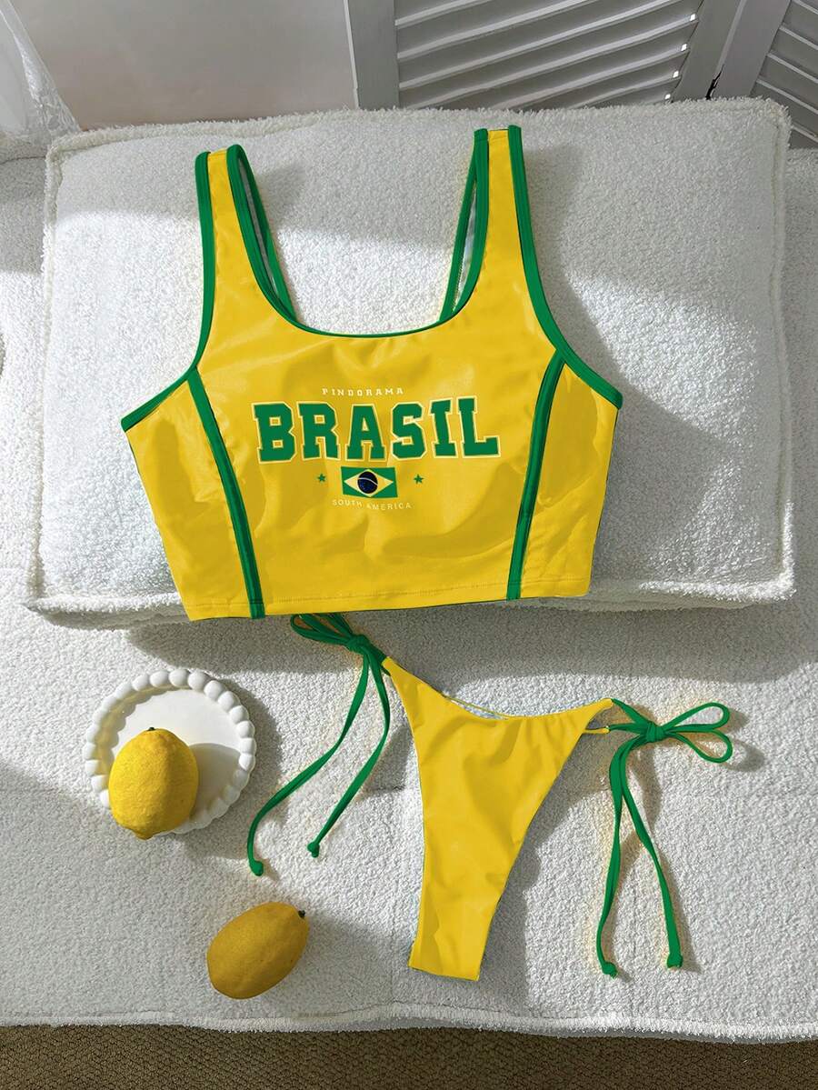 Swim Vcay Bộ bikini in chữ Brazil du lịch thường ngày dành cho nữ, Xuân/Hè - Màu vàng - Xem 1