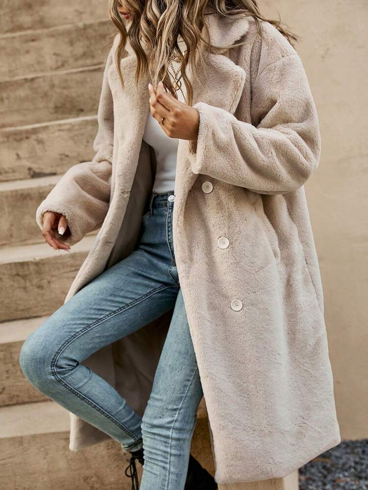 Drop Shoulder Double Breasted Teddy Coat In Fall/Winter Casual